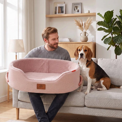 Homme tenant une corbeille rose à côté de son beagle sur le canapé