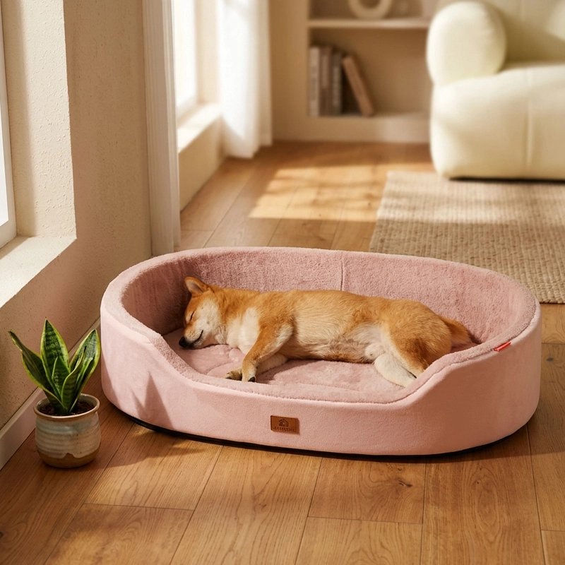Panier pour chien rose avec un petit chien roux endormi
