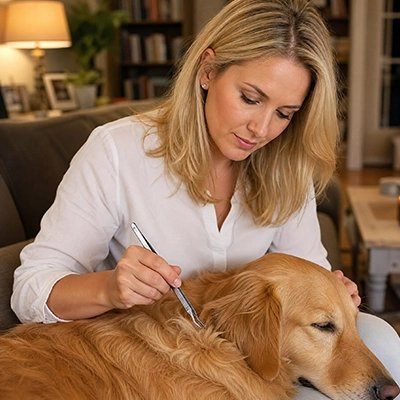 Femme qui inspecte le pelage d'un Golden Retriever couché avec une pince en métal