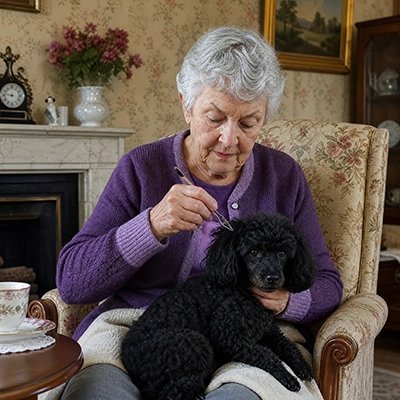 Femme âgée qui examine le pelage d'un caniche noir sur ses genoux