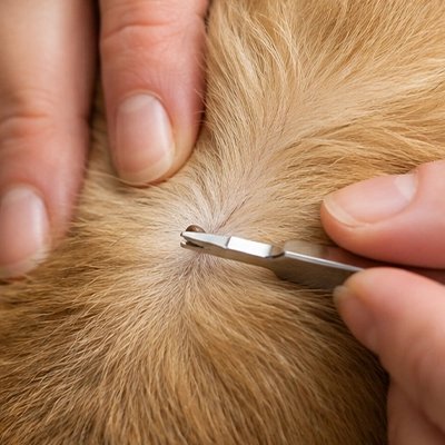 Gros plan d'une pince fine qui saisit une tique au ras de la peau dans un pelage roux