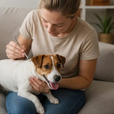 Femme qui inspecte la tête d'un Jack Russell assis sur ses genoux avec une pince fine