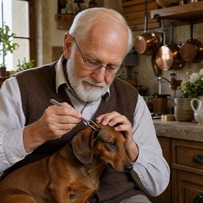 Homme âgé qui utilise la pince sur l'oreille d'un chien brun dans une cuisine