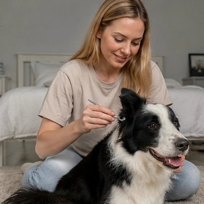 Femme souriante qui examine le cou d'un Border Collie avec un outil en métal