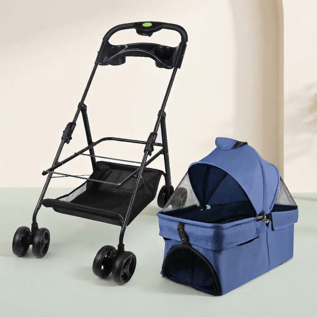 Poussette pour chien bleue 2 en 1 avec habitacle détachable et châssis pliable