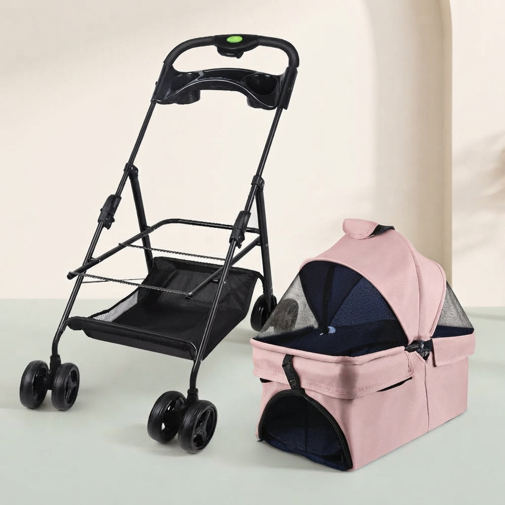 Poussette pour chien rose poudré 2 en 1 avec habitacle détachable et châssis pliable