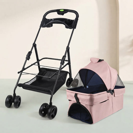 Poussette pour chien rose poudré 2 en 1 avec habitacle détachable et châssis pliable