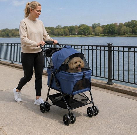 Poussette bleue en promenade le long de la rivière