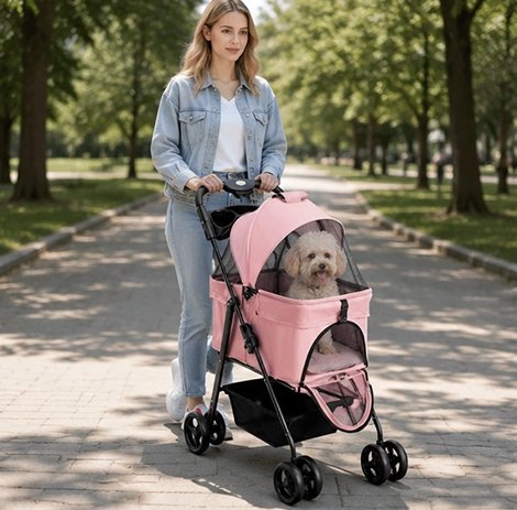 Chien installé dans une poussette rose au parc