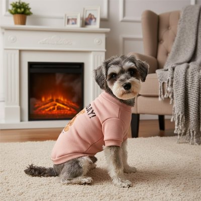 Petit chien en pull ourson rose assis près de la cheminée