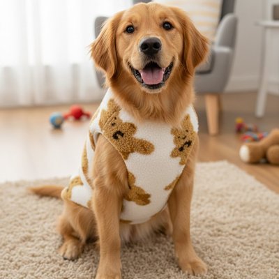 Golden retriever portant le pull polaire blanc à motif oursons (grande taille)