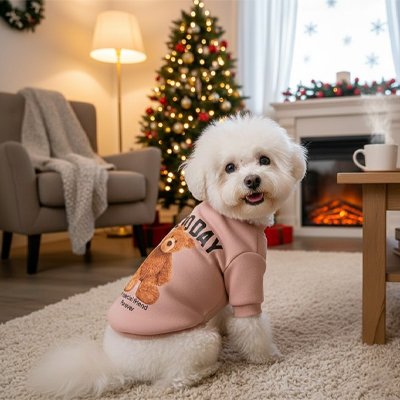 Bichon en pull ourson rose devant le sapin de Noël