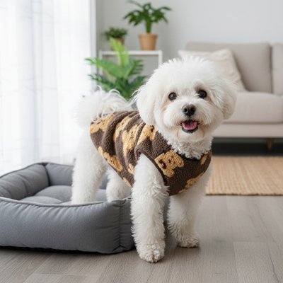 Bichon portant le pull polaire marron à motif oursons