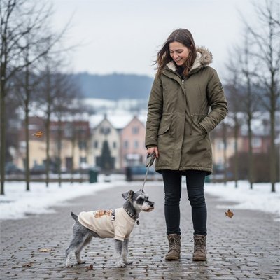 Chien en pull ourson en promenade dans la neige avec sa maîtresse