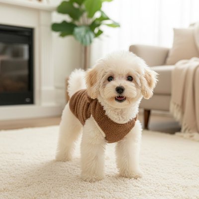 Petit chien debout dans le salon avec le gilet peluche marron