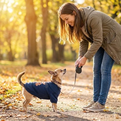 Femme en promenade d'automne avec son chien en pull ourson bleu