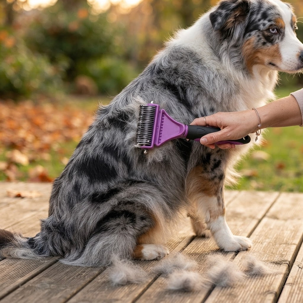 Râteau à sous-poil pour chien mauve utilisé sur le dos d'un Berger australien bleu merle dans un jardin d'automne