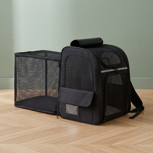 Sac de transport pour chien noir en sac à dos, extension en filet dépliée