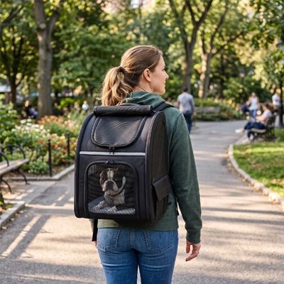 Femme portant le sac à dos de transport noir en promenade