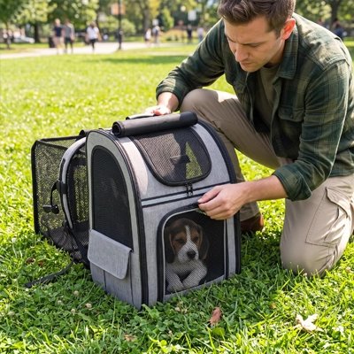 Sac de transport pour chien gris avec extension dépliée sur l'herbe