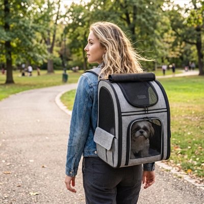 Femme portant le sac à dos de transport gris dans une allée de parc