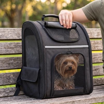 Sac de transport pour chien noir posé sur un banc avec un Yorkshire à l'intérieur