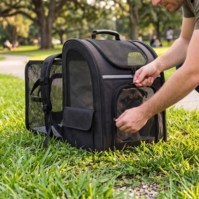 Sac de transport noir avec extension dépliée posé sur l'herbe