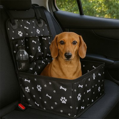 Teckel installé dans le rehausseur de voiture noir à motifs os