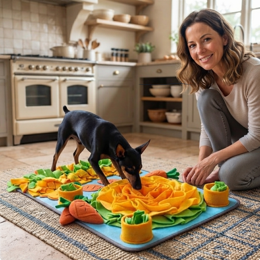 Pinscher jouant au jeu de flair sur un tapis dans la cuisine