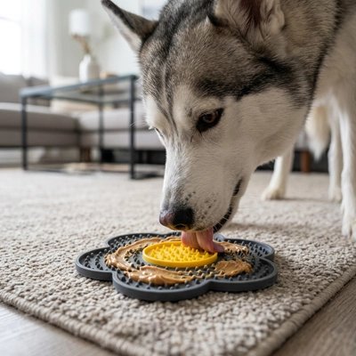 Husky gris et blanc qui lèche le tapis gris posé sur un tapis de salon