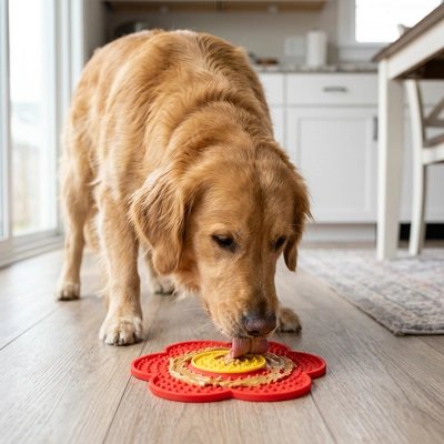 Tapis à lécher pour chien rouge en forme de fleur léché par un Golden Retriever dans une cuisine