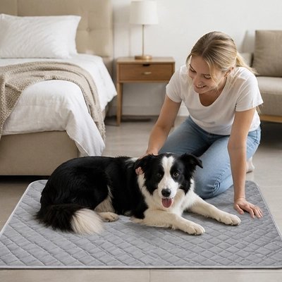 Border collie allongé sur un tapis gris, caressé par sa maîtresse