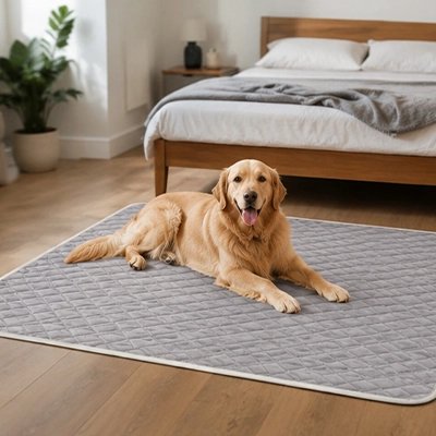 Golden retriever couché sur un tapis frais gris au pied du lit