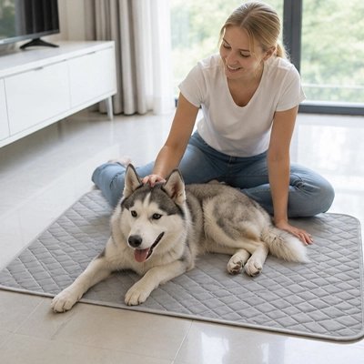 Tapis rafraîchissant pour chien gris avec un husky allongé et sa maîtresse