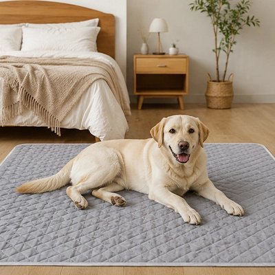 Labrador couché sur un tapis gris matelassé dans une chambre