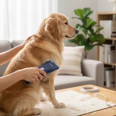Main qui passe la tondeuse bleue sur le dos d'un golden retriever assis dans un salon