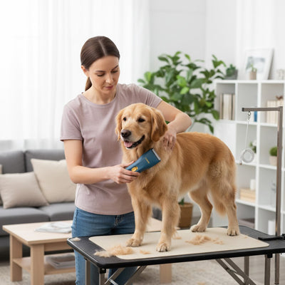 Tondeuse pour chien sans fil bleue utilisée sur un golden retriever posé sur une table de toilettage