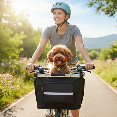 Panier vélo pour chien noir avec un petit caniche, femme à vélo sur une piste