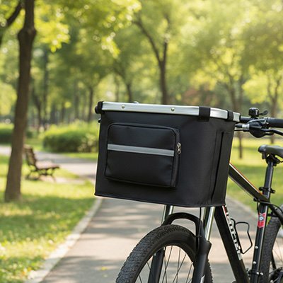 Panier vélo pour chien noir fixé sur le guidon