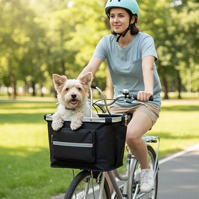 Femme à vélo dans un parc avec un petit chien blanc dans le panier avant